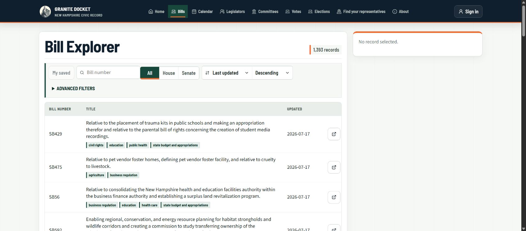 Granite Docket bill explorer with search and legislative record results