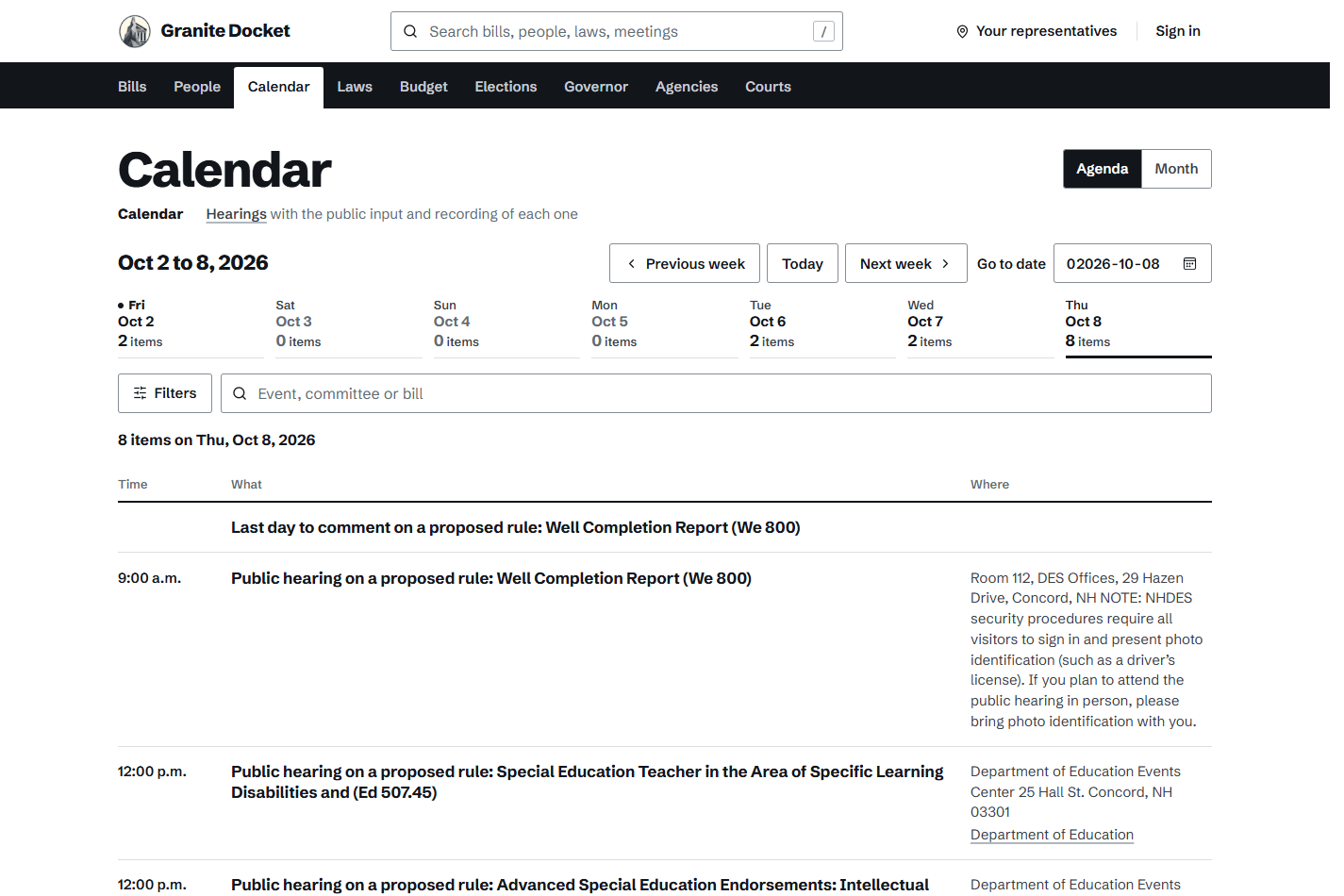 Granite Docket's October 8, 2026 agenda with public hearings and rule comment deadlines