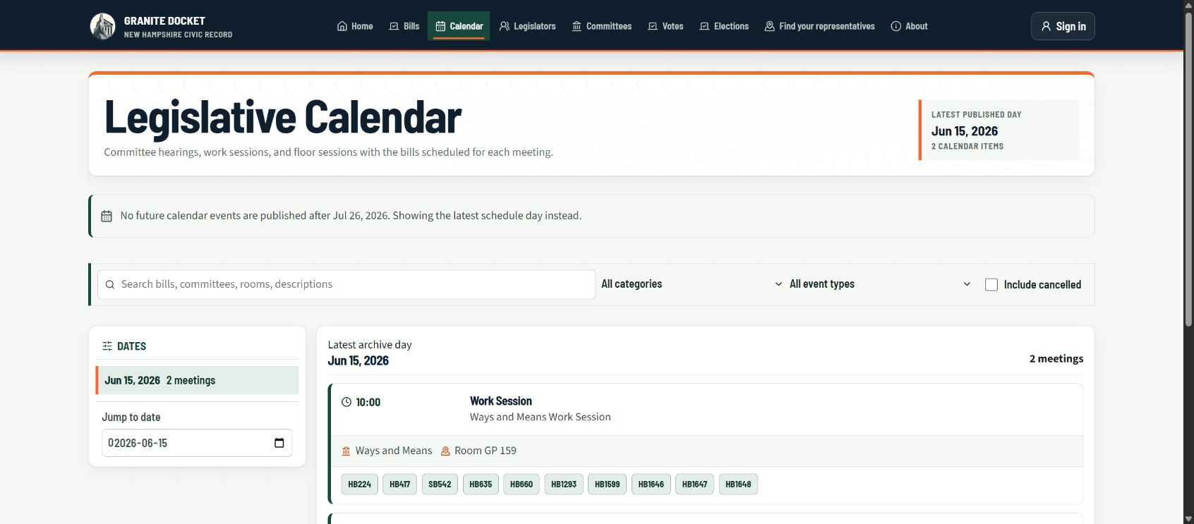 Granite Docket calendar showing upcoming New Hampshire legislative activity