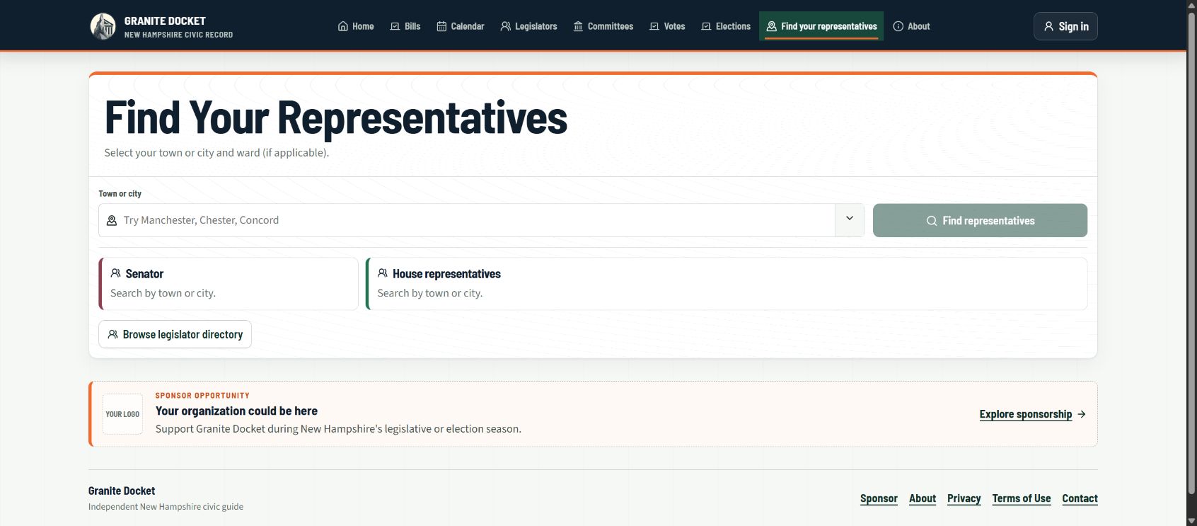 Granite Docket representative finder showing an address search and civic navigation